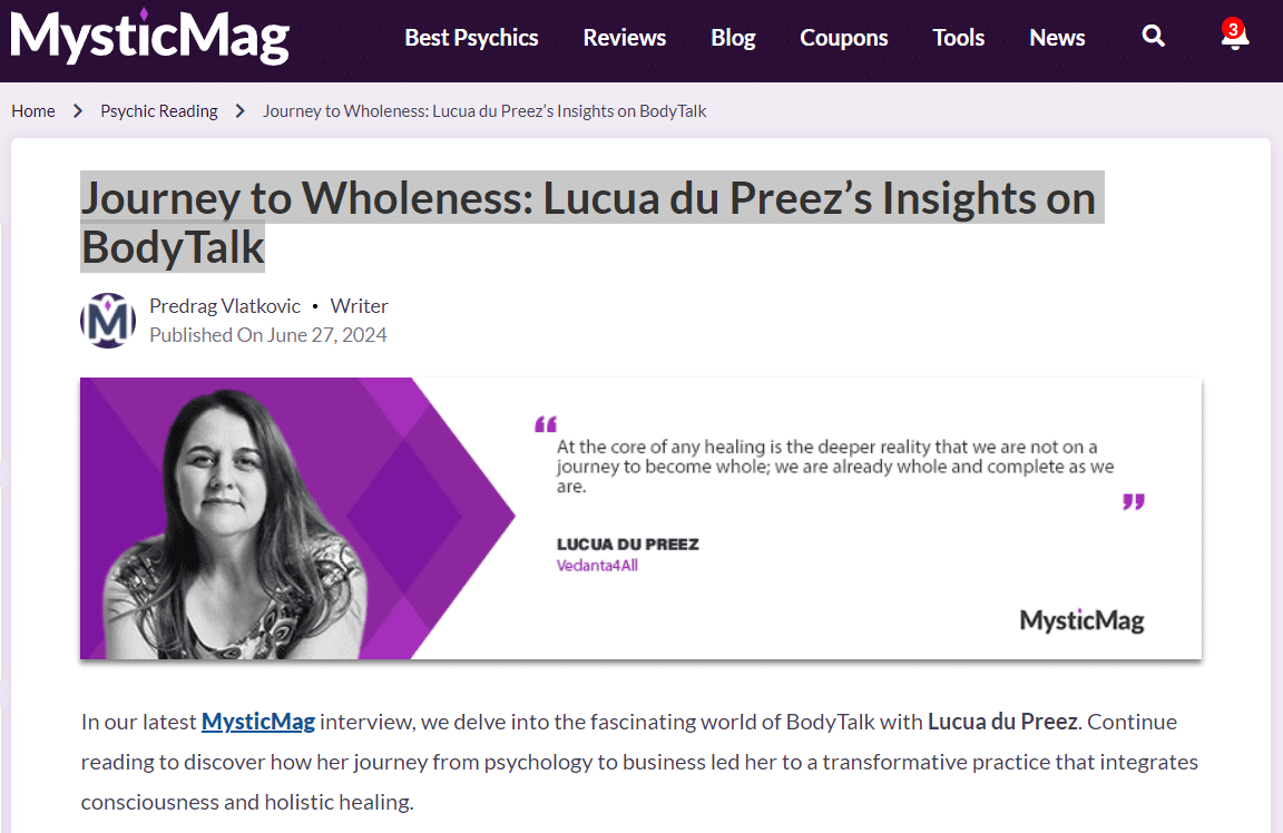 Journey to Wholeness: Lucua du Preez’s Insights on BodyTalk – Mystic Magazine Interview